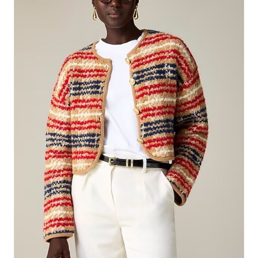 J Crew Womens Cotton Lady Jacket in Plaid Boucle Yarn Cardigan Cropped Wool Retr